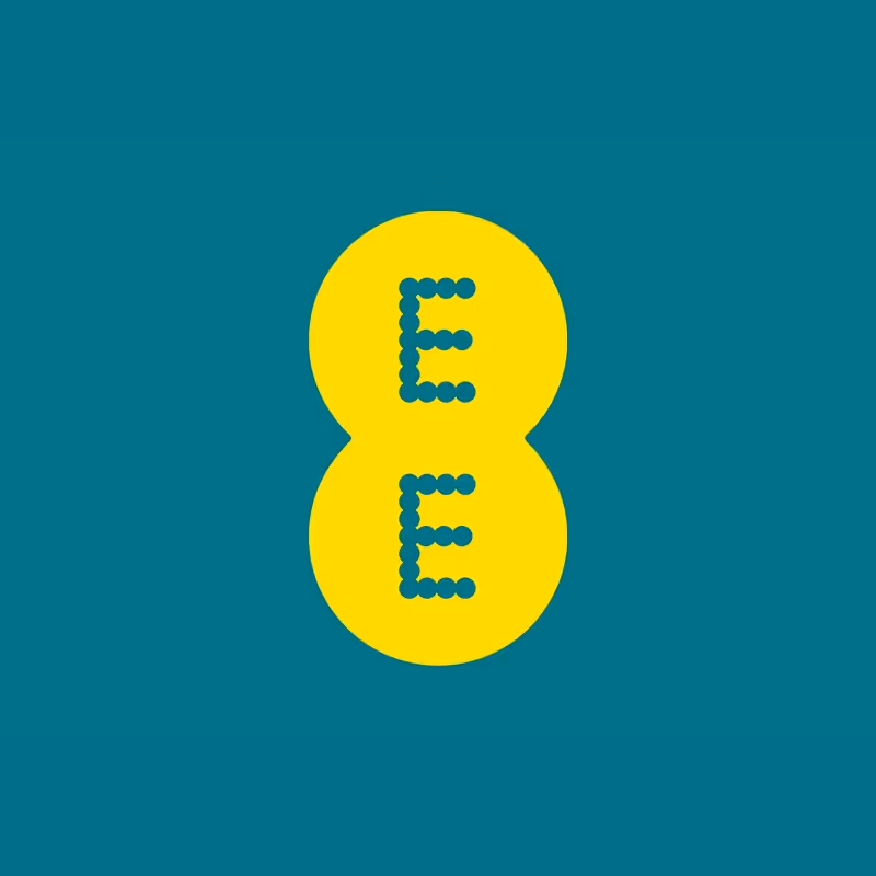 Yellow figure eight shape with two capital Es formed by dark dots inside, set against a teal background.