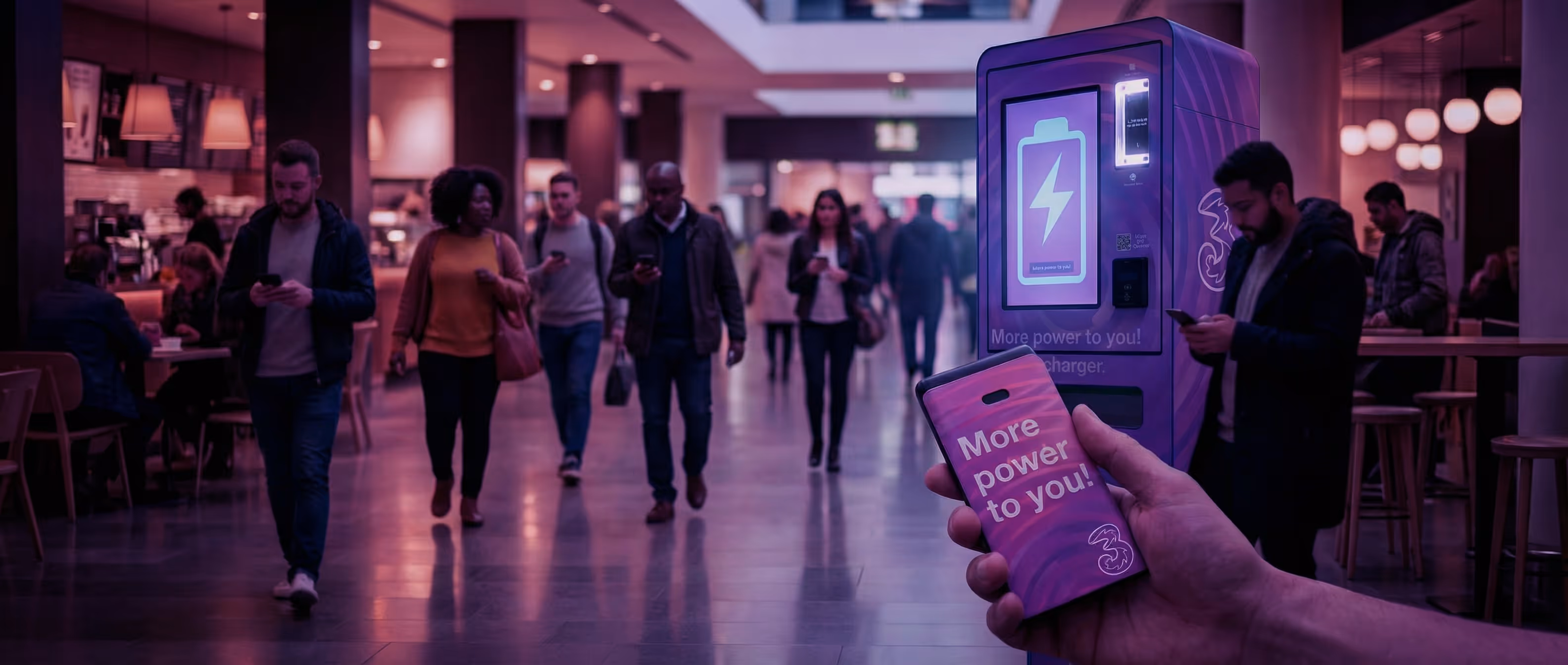 People walking inside a mall with a close-up of a hand holding a smartphone displaying 'More power to you!' near a purple phone charging station.