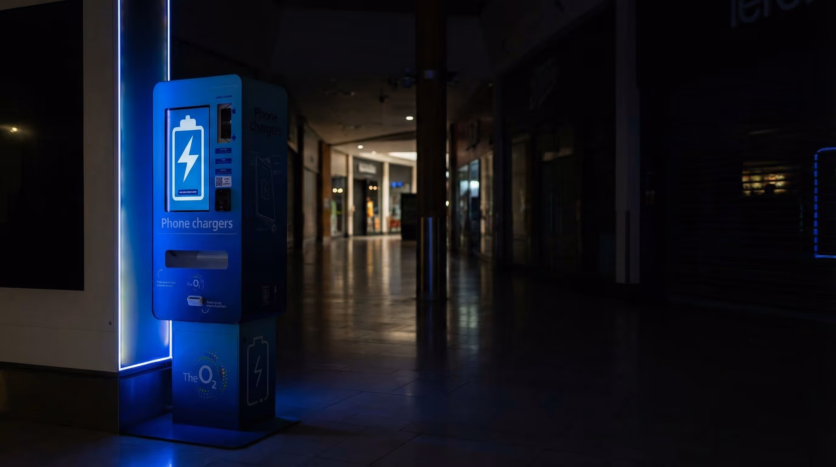 Blue phone charger kiosk illuminated in a dimly lit indoor space.
