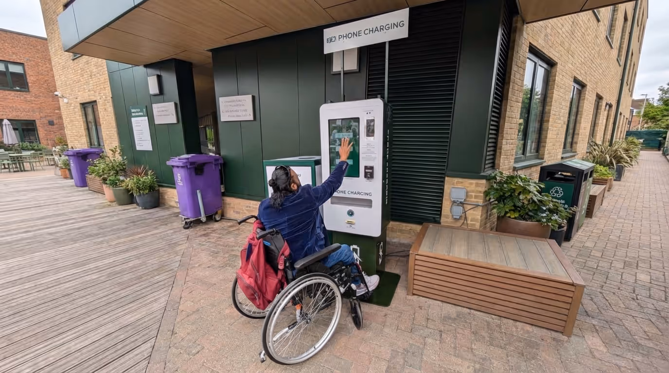 Person in a wheelchair using a phone charging station touchscreen outdoors near a building.