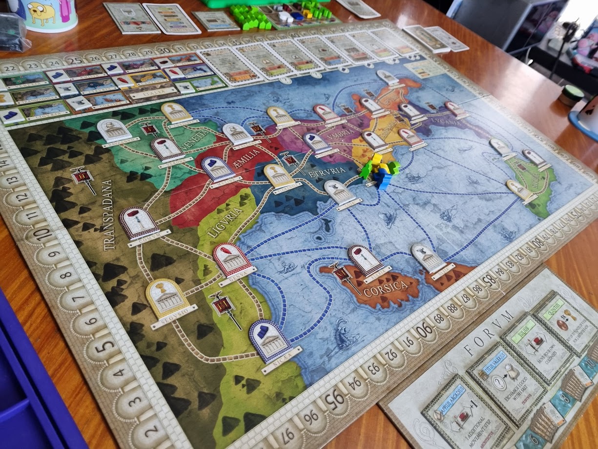 Gameplay photo of the board game Concordia: Salsa featuring various components and board state.