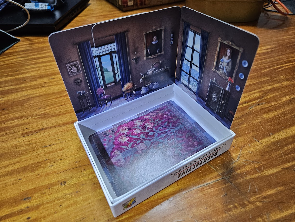 Gameplay photo of the board game Decktective: The Will without an Heir featuring various components and board state.