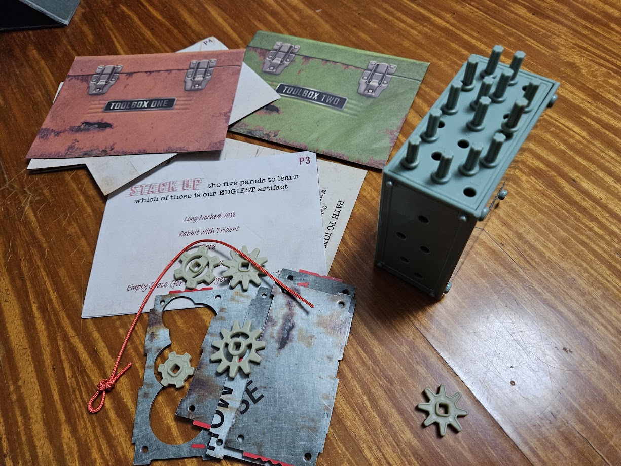 Gameplay photo of the board game Escape Room in a Box: Time Drifters – Kira's Story featuring various components and board state.