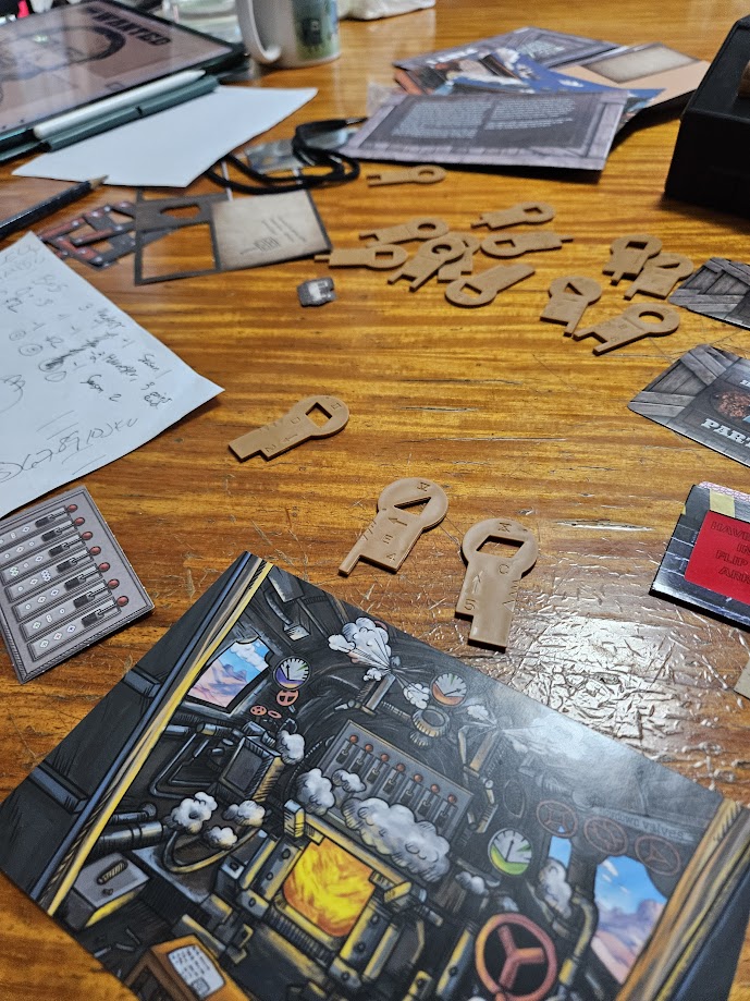 Gameplay photo of the board game Escape Room: The Game – Wild West Express featuring various components and board state.