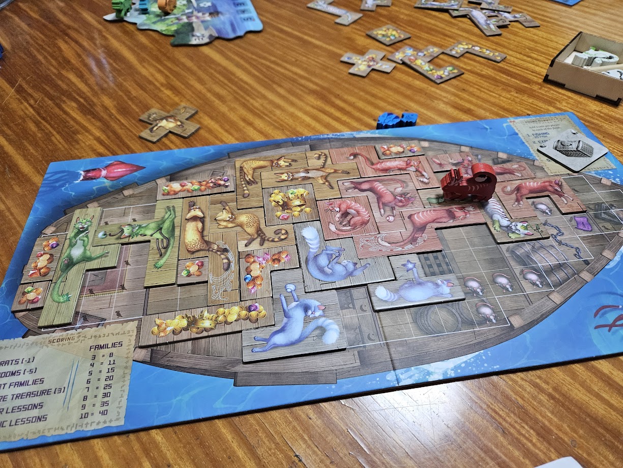 Gameplay photo of the board game The Isle of Cats featuring various components and board state.