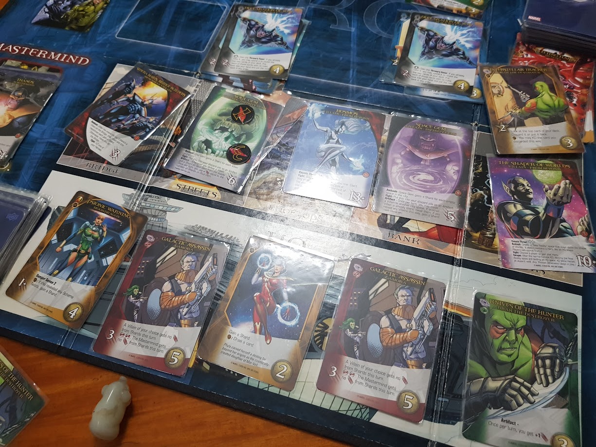 Gameplay photo of the board game Legendary: A Marvel Deck Building Game – Guardians of the Galaxy featuring various components and board state.