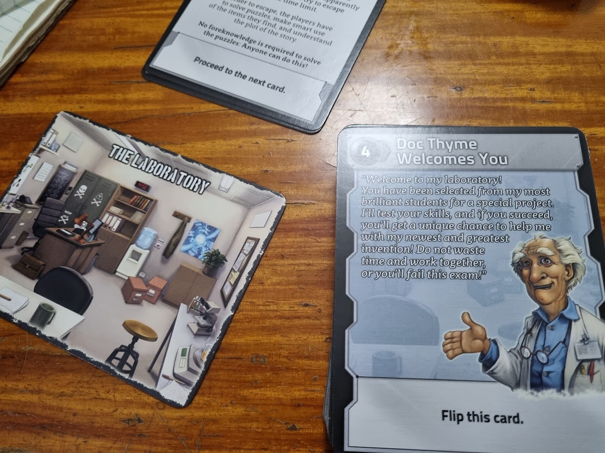 Gameplay photo of the board game Deckscape: Test Time featuring various components and board state.