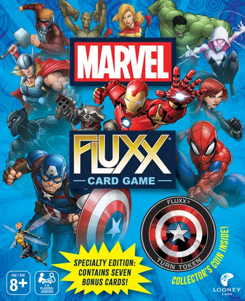 Official box art cover for Marvel Fluxx board game.