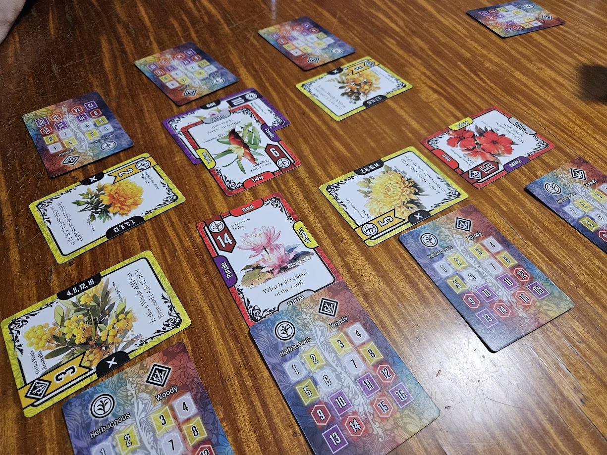 Gameplay photo of the board game The Secret Flower featuring various components and board state.