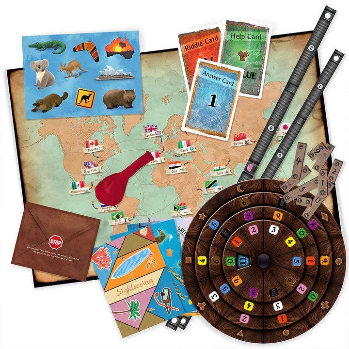 Gameplay photo of the board game EXIT: The Game – The Professor's Last Riddle featuring various components and board state.