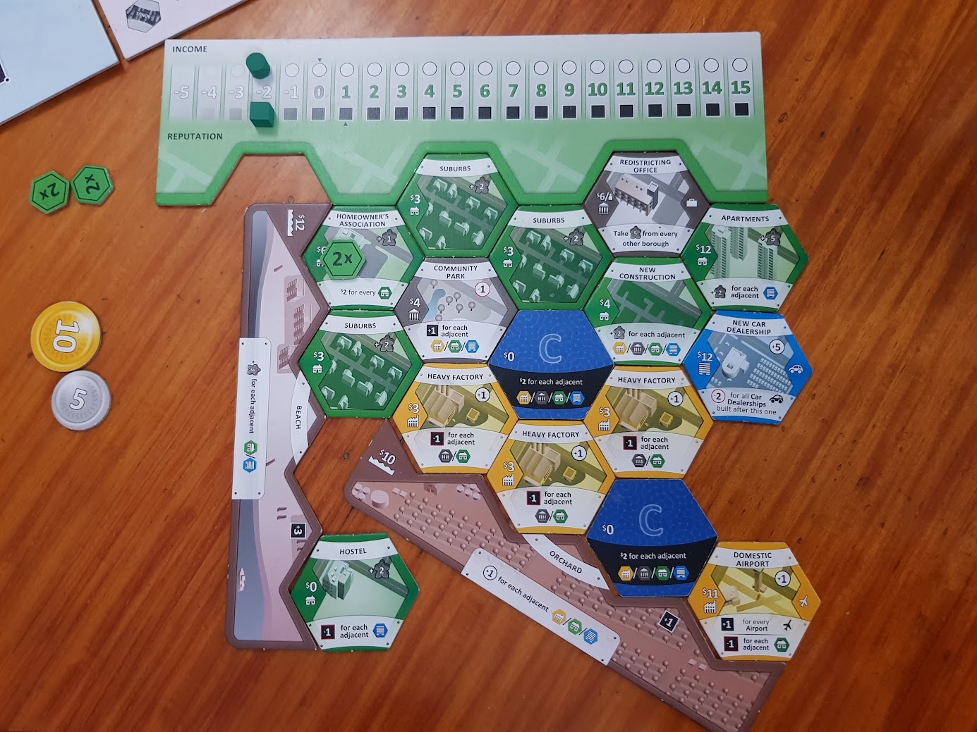 Gameplay photo of the board game Suburbia Inc featuring various components and board state.