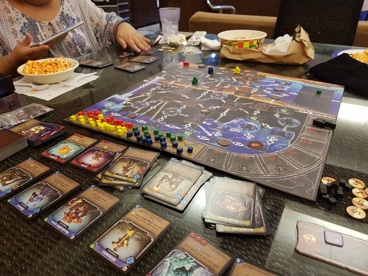 Gameplay photo of the board game Clank!: Sunken Treasures featuring various components and board state.