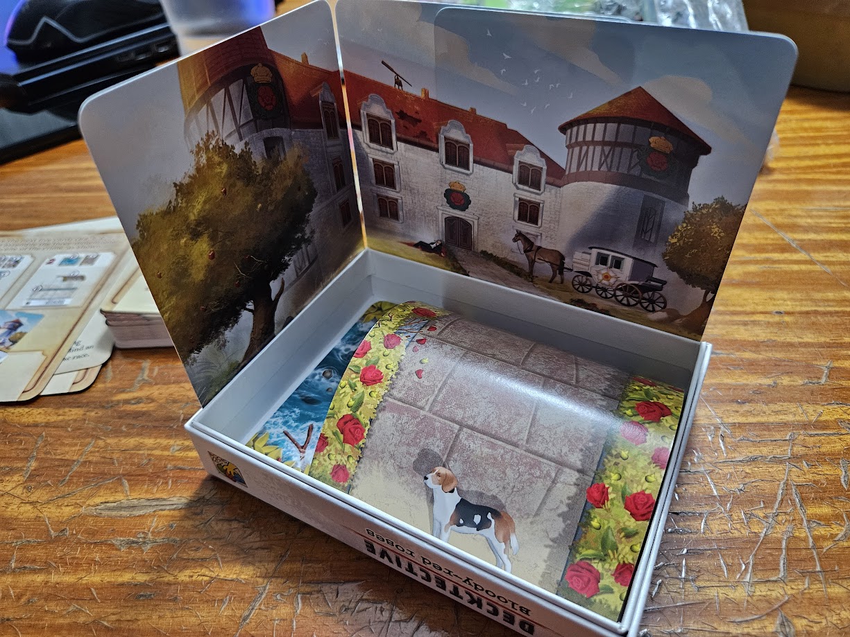 Gameplay photo of the board game Decktective: Bloody-Red Roses featuring various components and board state.
