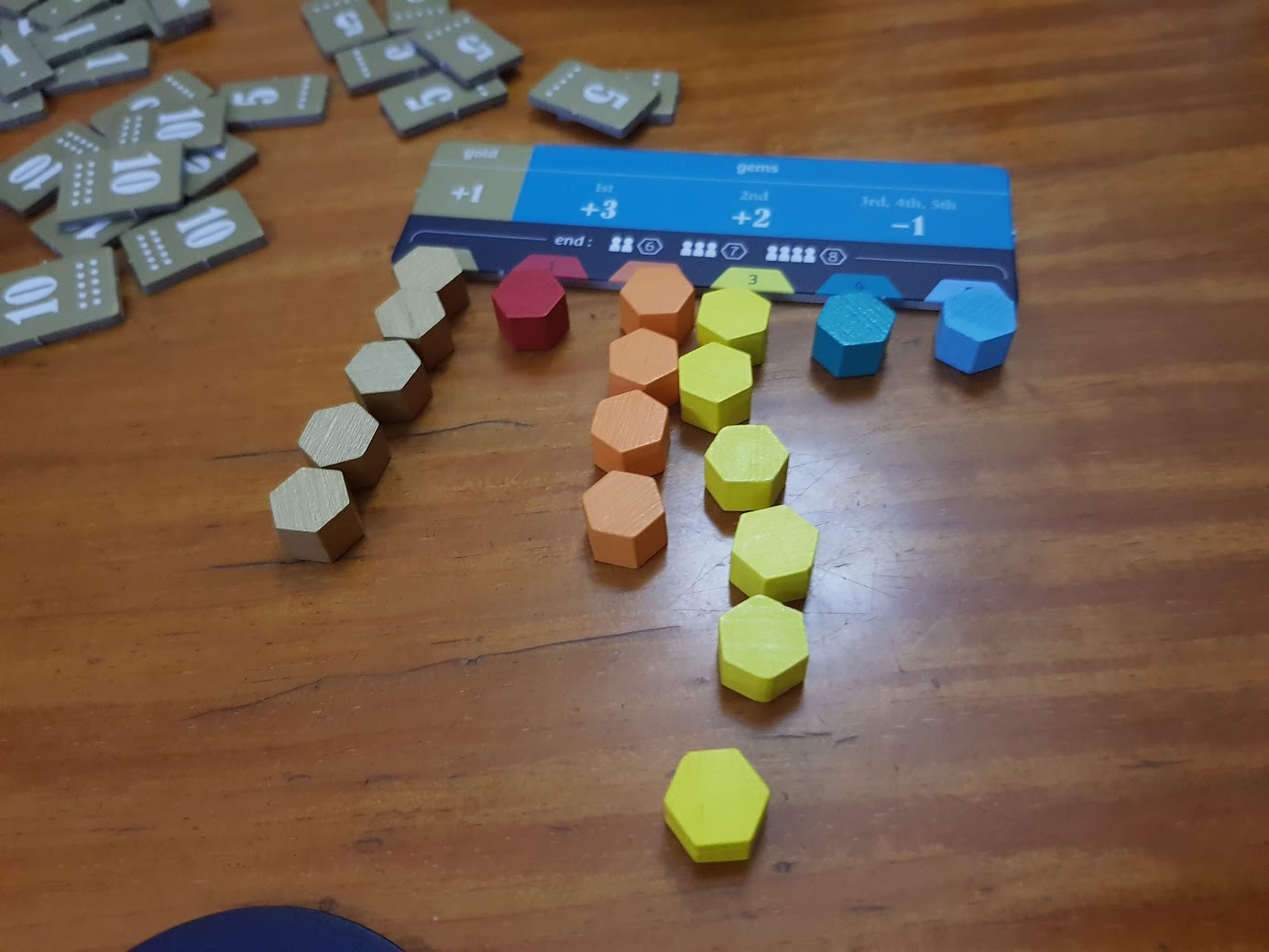 Gameplay photo of the board game Fafnir featuring various components and board state.