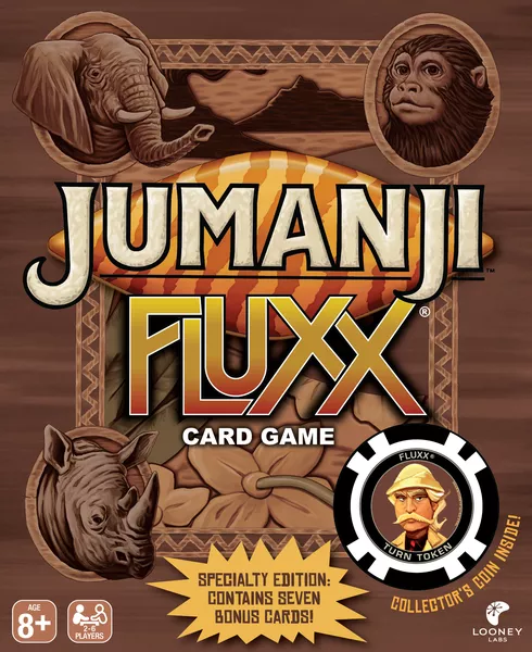 Official box art cover for Jumanji Fluxx board game.