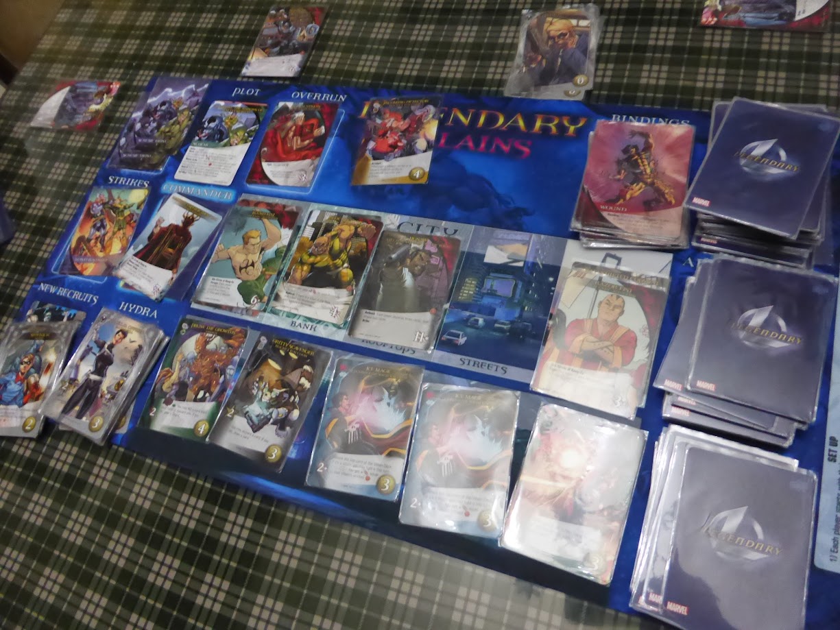 Gameplay photo of the board game Legendary: A Marvel Deck Building Game – Dark City featuring various components and board state.