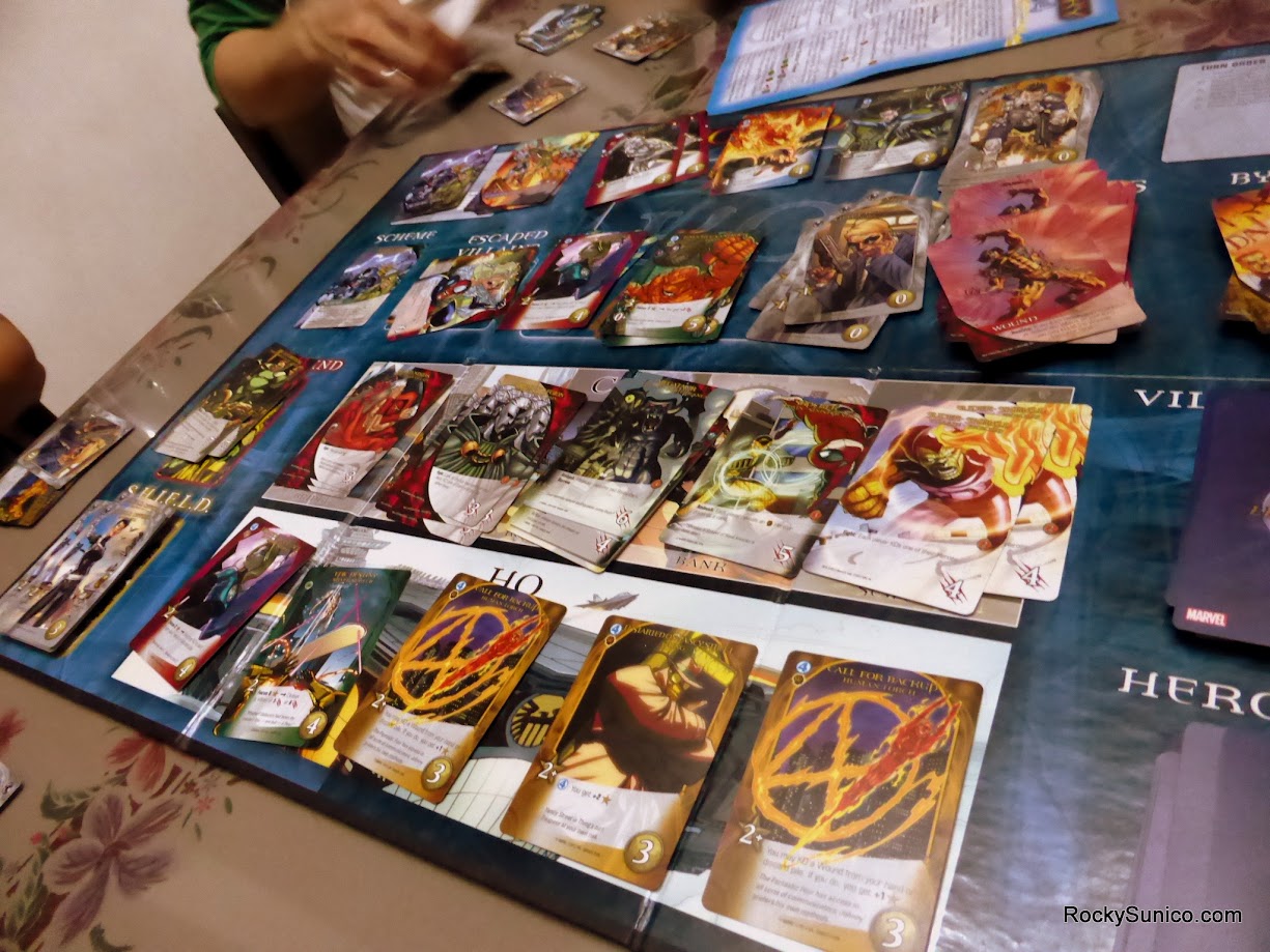 Gameplay photo of the board game Legendary: A Marvel Deck Building Game – Fantastic Four featuring various components and board state.