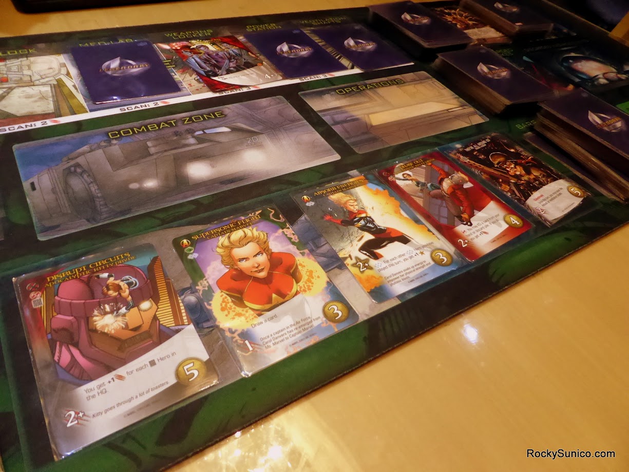 Gameplay photo of the board game Legendary: A Marvel Deck Building Game – Secret Wars, Volume 1 featuring various components and board state.