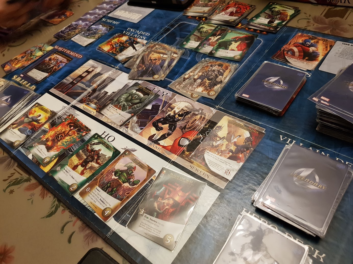 Gameplay photo of the board game Legendary: A Marvel Deck Building Game – World War Hulk featuring various components and board state.