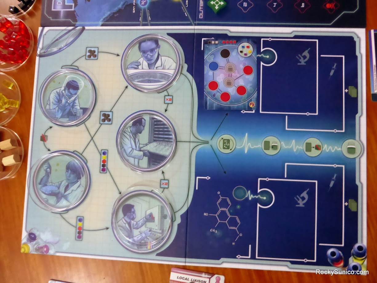 Gameplay photo of the board game Pandemic: In the Lab featuring various components and board state.