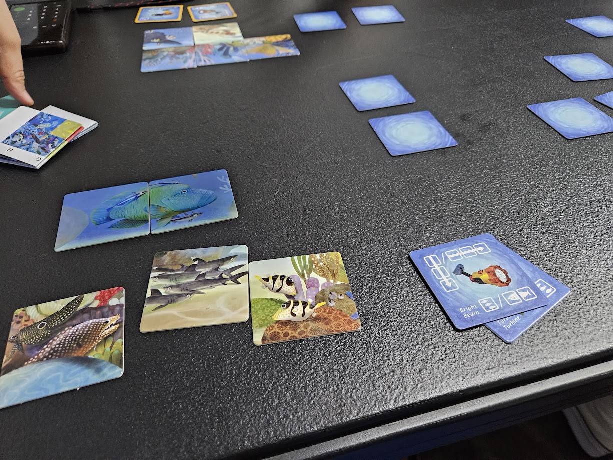 Gameplay photo of the board game Reef Rescue featuring various components and board state.