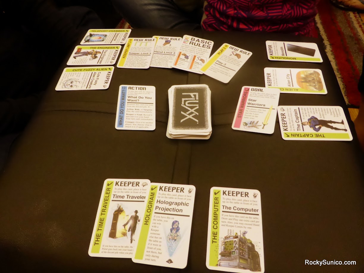 Gameplay photo of the board game Star Fluxx featuring various components and board state.