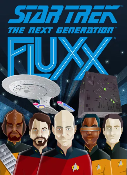 Official box art cover for Star Trek: The Next Generation Fluxx board game.