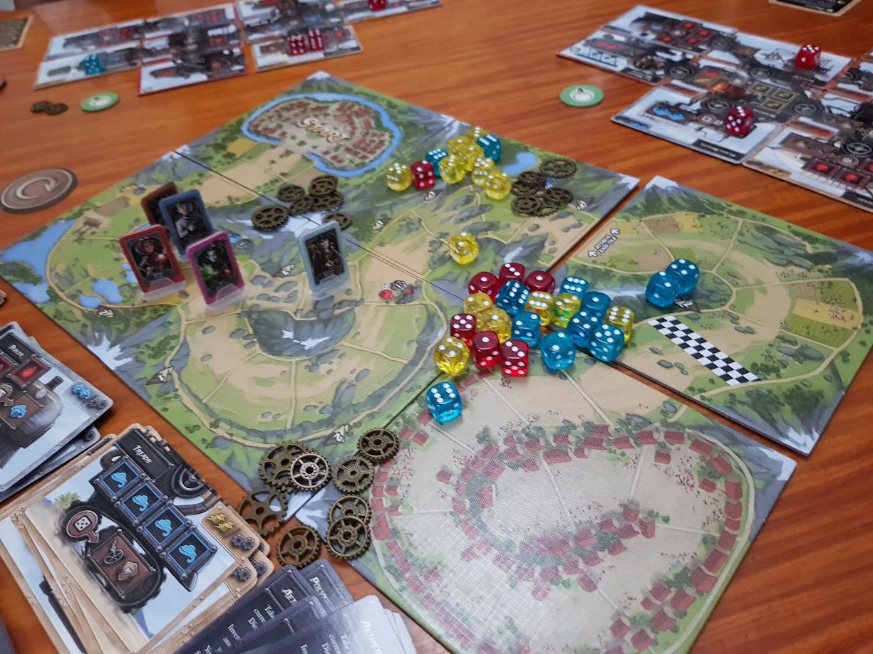 Gameplay photo of the board game Steampunk Rally featuring various components and board state.