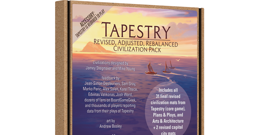 Official box art cover for Tapestry: Revised, Adjusted, Rebalanced Civilization Pack board game.