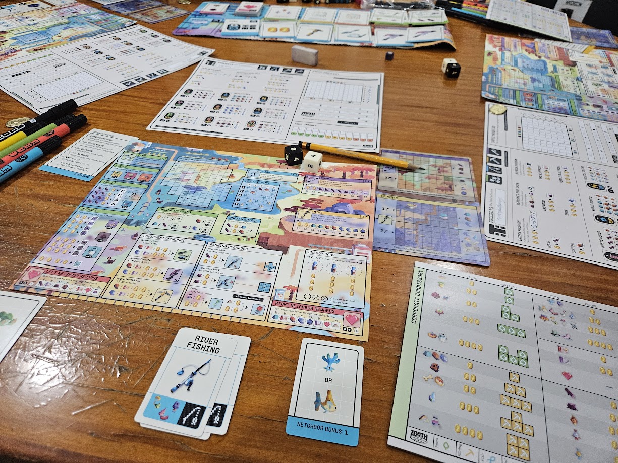 Gameplay photo of the board game Tend featuring various components and board state.