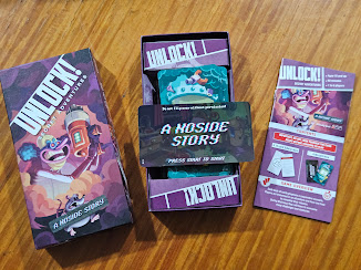 Gameplay photo of the board game Unlock!: Secret Adventures – A Noside Story featuring various components and board state.