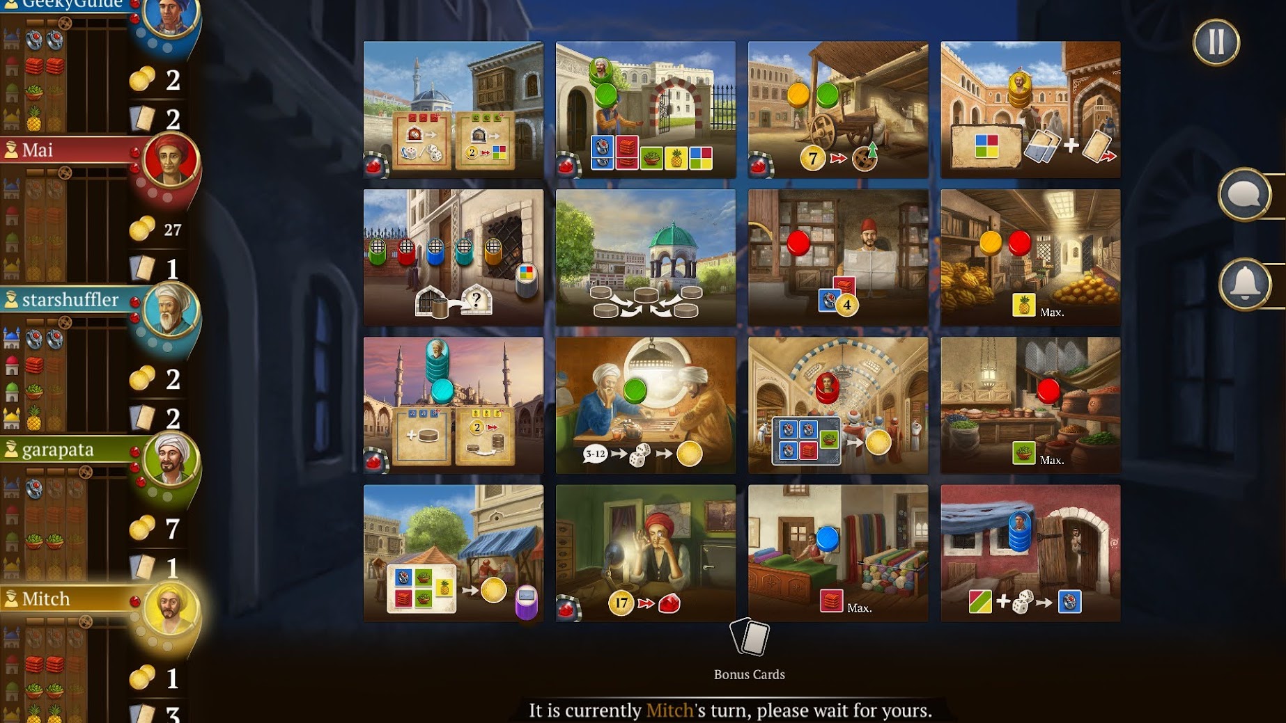 Gameplay photo of the board game Istanbul featuring various components and board state.