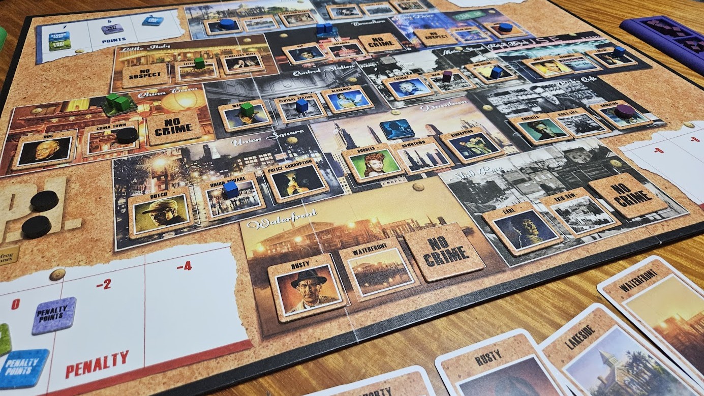 Gameplay photo of the board game P.I. featuring various components and board state.