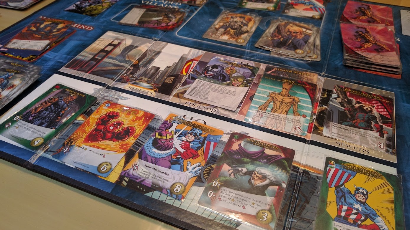 Gameplay photo of the board game Legendary: A Marvel Deck Building Game – Captain America 75th Anniversary featuring various components and board state.