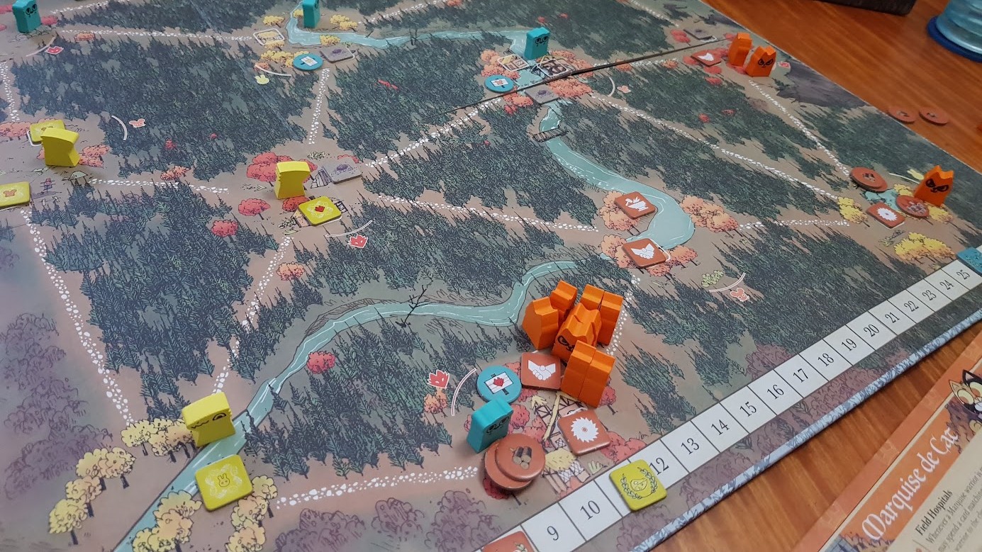Gameplay photo of the board game Root: The Riverfolk Expansion featuring various components and board state.
