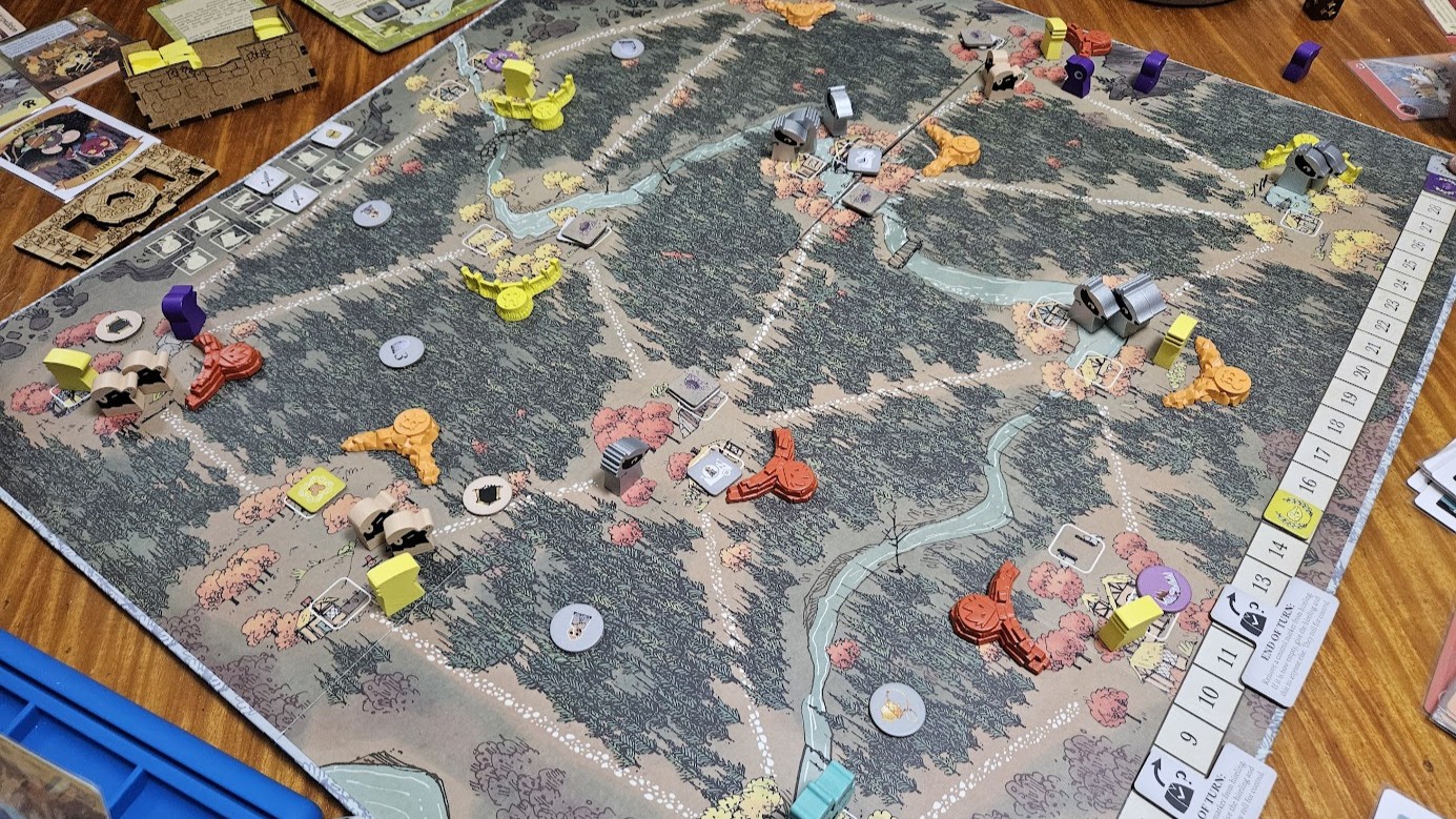 Gameplay photo of the board game Root: The Underworld Expansion featuring various components and board state.