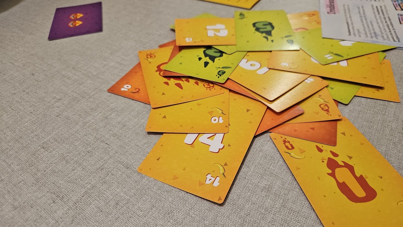Gameplay photo of the board game Fibonachos featuring various components and board state.