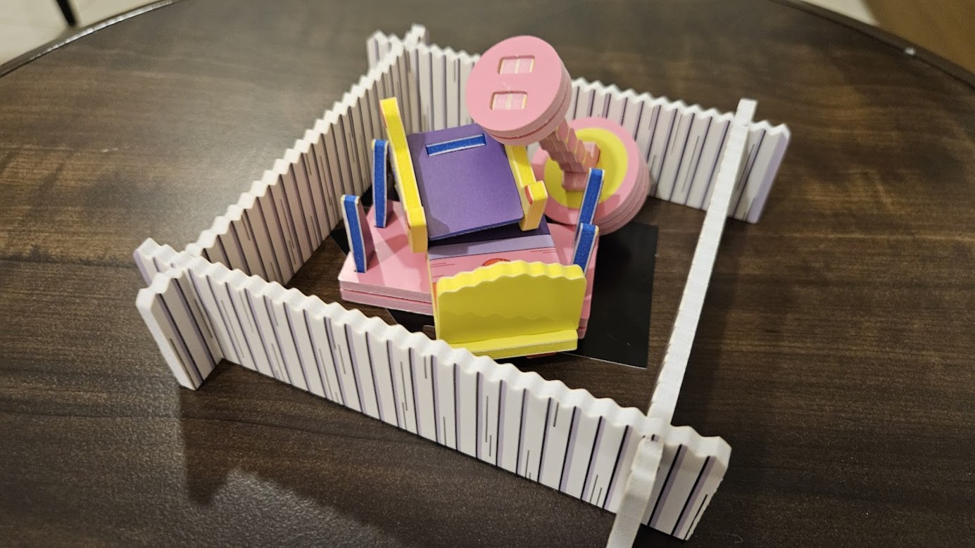 Gameplay photo of the board game Giants Moving Tiny Furniture featuring various components and board state.