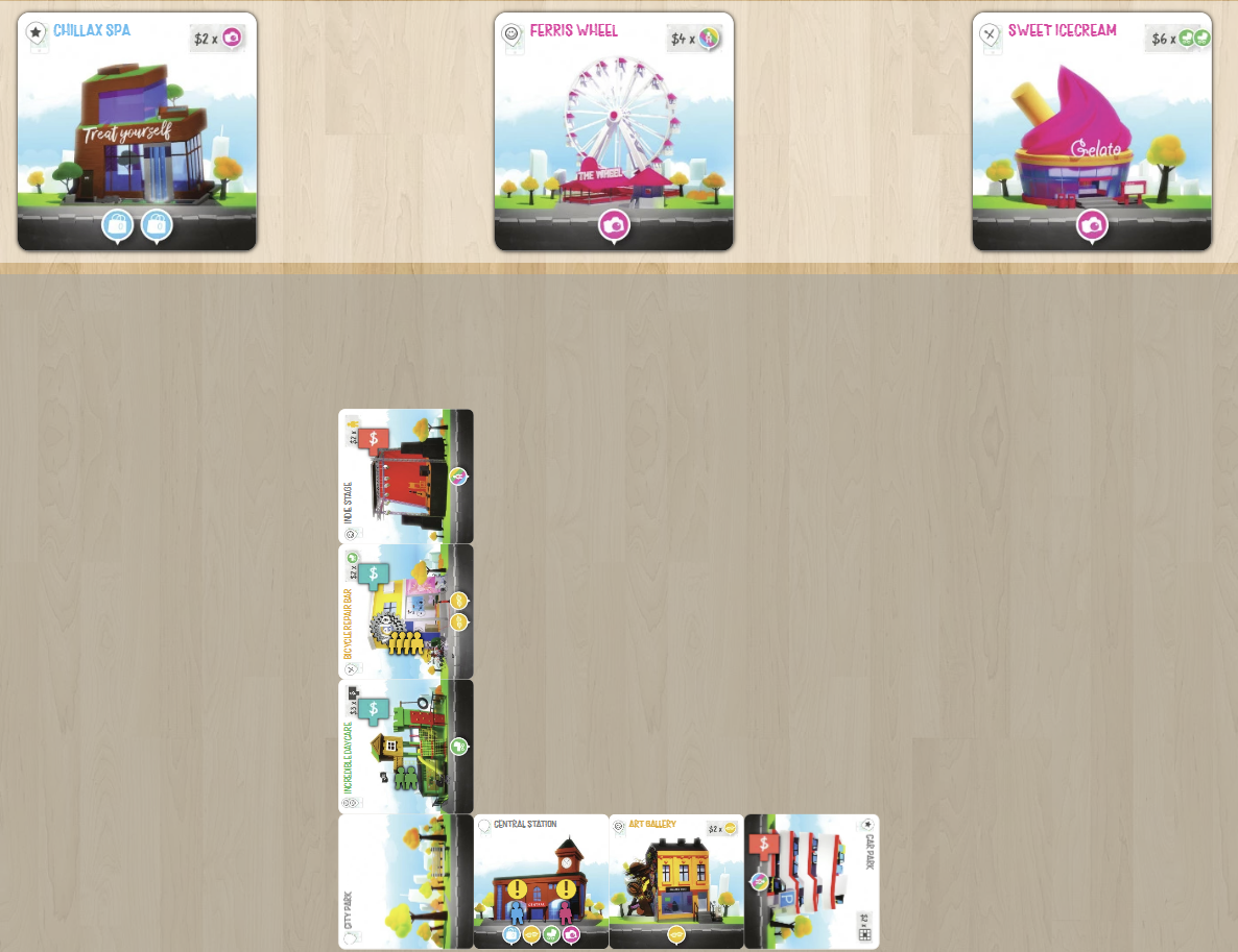 Gameplay photo of the board game Streets featuring various components and board state.