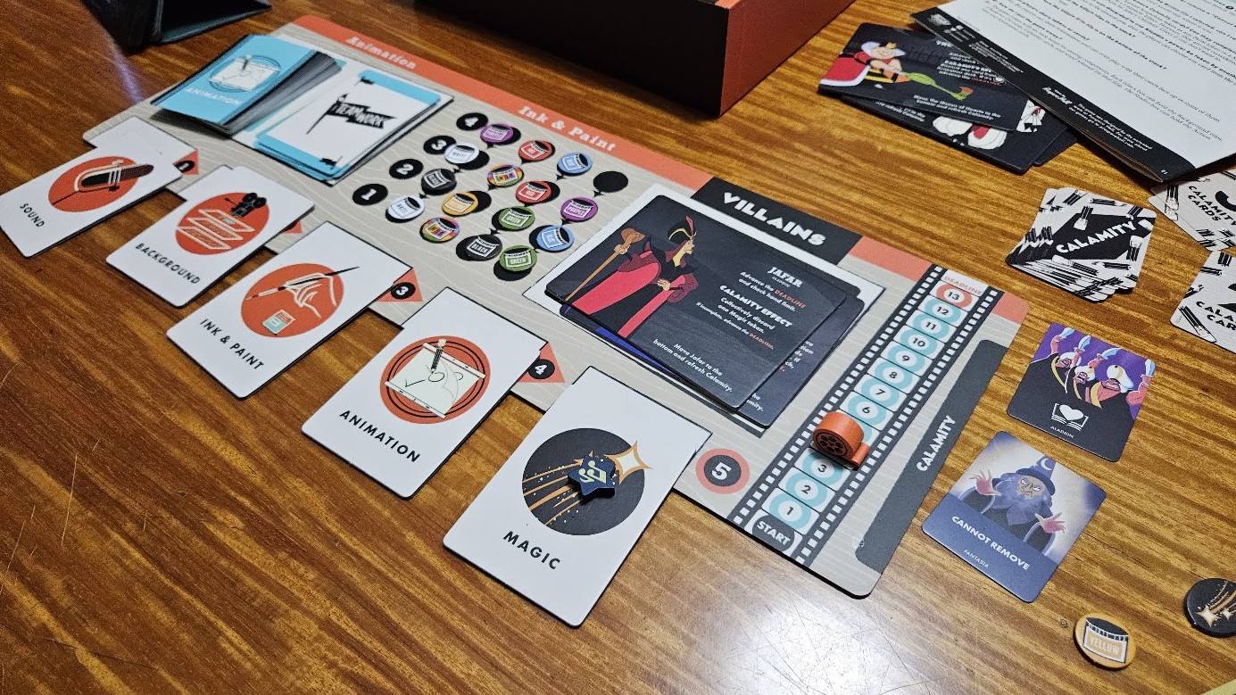 Gameplay photo of the board game Disney Animated featuring various components and board state.