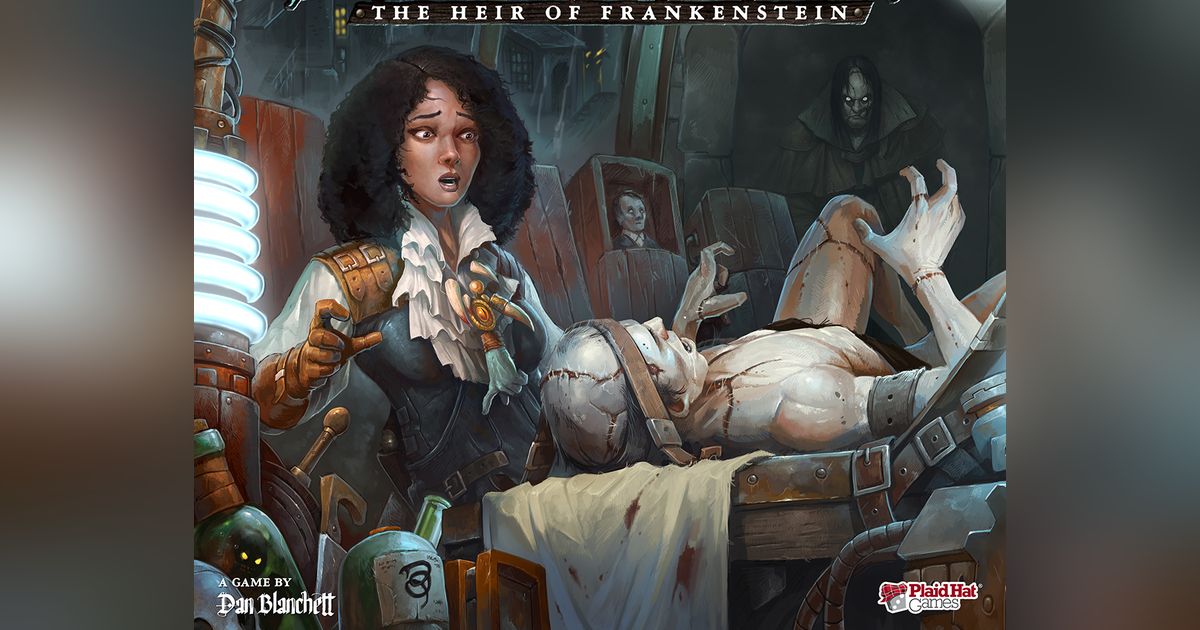 Official box art cover for Abomination: The Heir of Frankenstein board game.
