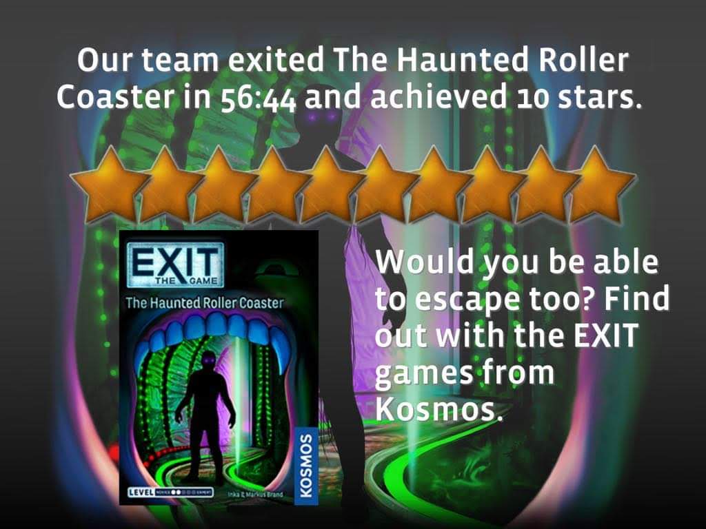 Gameplay photo of the board game EXIT: The Game – The Haunted Roller Coaster featuring various components and board state.