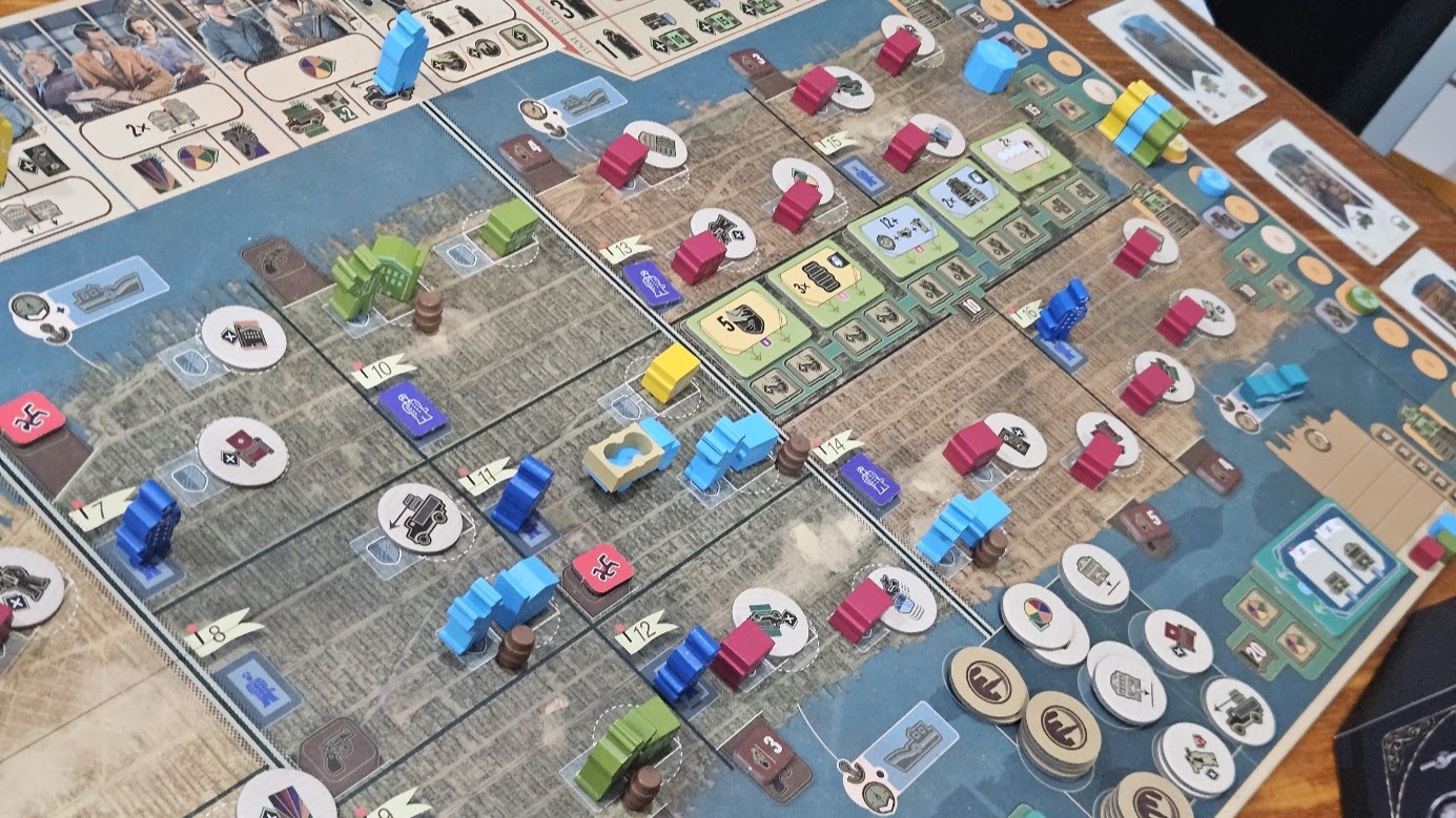 Gameplay photo of the board game Speakeasy featuring various components and board state.