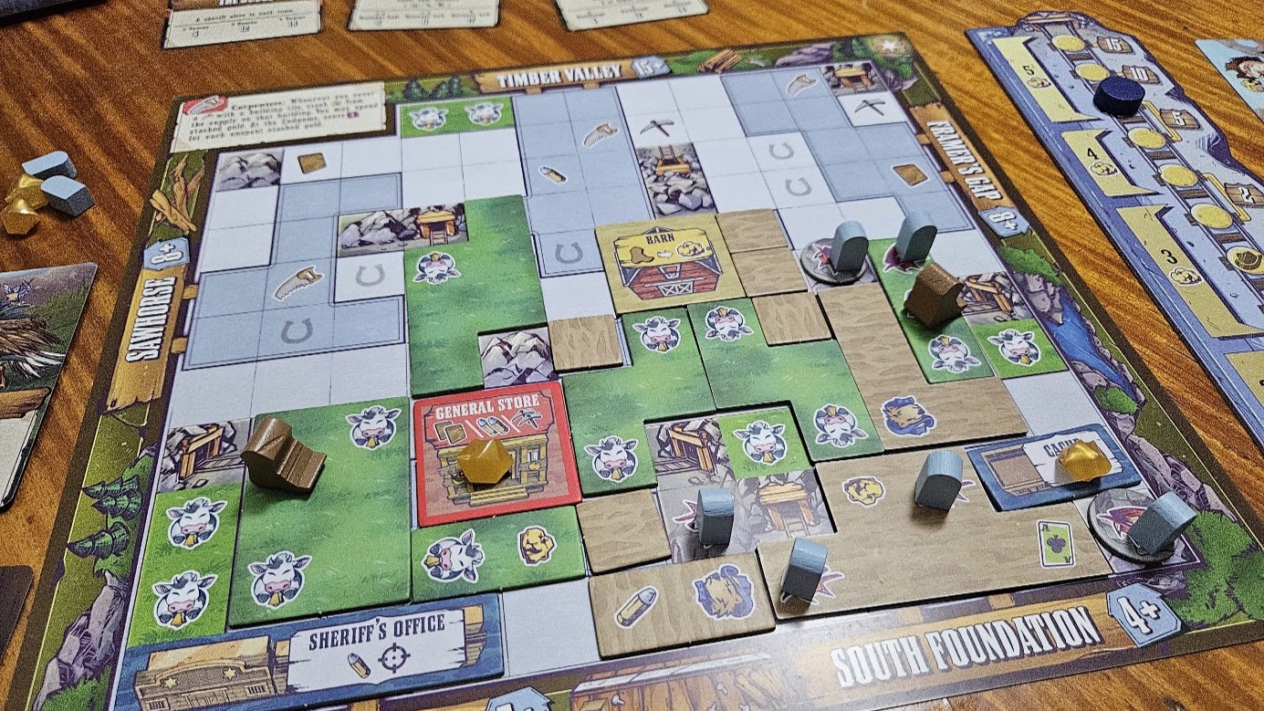 Gameplay photo of the board game Wild Tiled West featuring various components and board state.