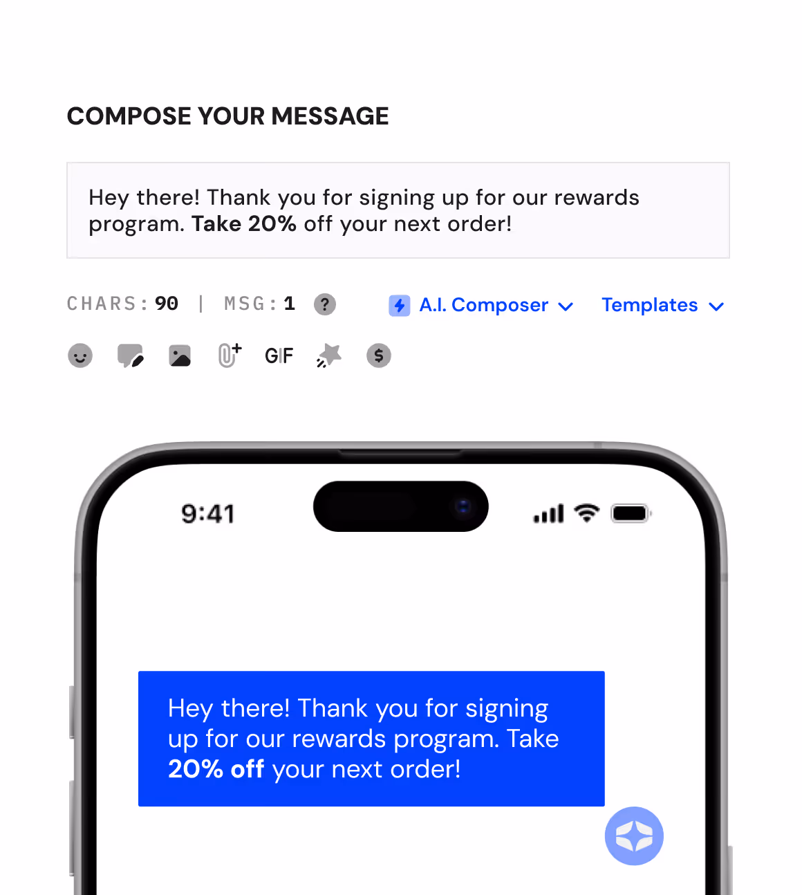 Interface showing message composition with text offering 20% off next order for signing up to rewards program, previewed on a smartphone screen.