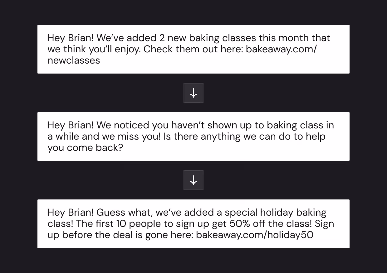 Three text messages on a dark background promoting baking classes and special offers from bakeaway.com, addressing Brian personally.