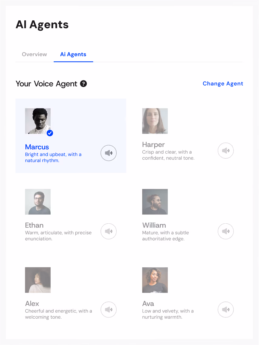 AI Agents voice selection interface showing six agents with descriptions and a sound icon for previews.
