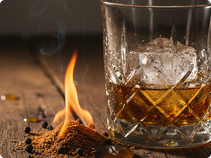 Whiskey glass with ice next to a small pile of burning cinnamon powder and scattered peppercorns on a wooden surface.