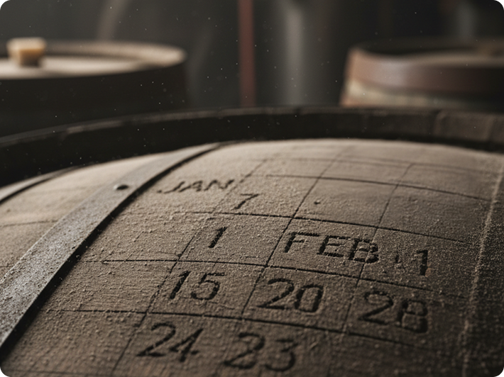 Dusty wooden barrel with a calendar grid etched on its surface showing January and February dates.