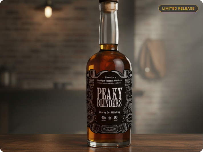 Bottle of Peaky Blinders Shankly Co. Whiskey with 45% alcohol and 90 proof, labeled as a limited release.